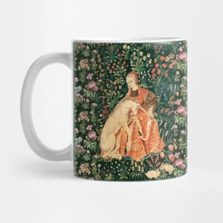 LADY AND UNICORN AMONG FLOWERS ,HARES,Red Green Floral Mug